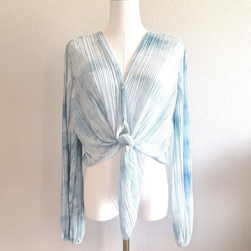 Lucy Paris Blue Tie Dye Plissé Wrap Top Button Front Boho Balloon Sleeve Small
